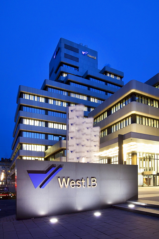 Night shot, Westdeutsche Landesbank, WestLB headquarters, head office, logo on a wall, Duesseldorf, North Rhine-Westphalia, Germany, Europe