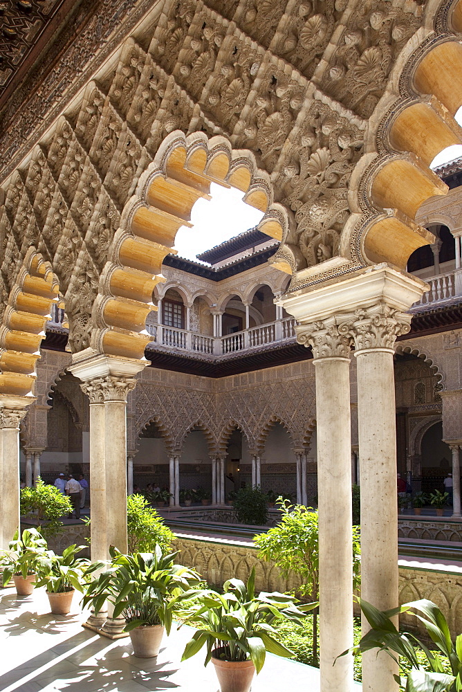 Moorish ornamentation on the Patio de las Doncellas in the Moorish King's Palace of Real Alcazar, UNESCO World Heritage Site, Seville, Andalusia, Spain, Europe