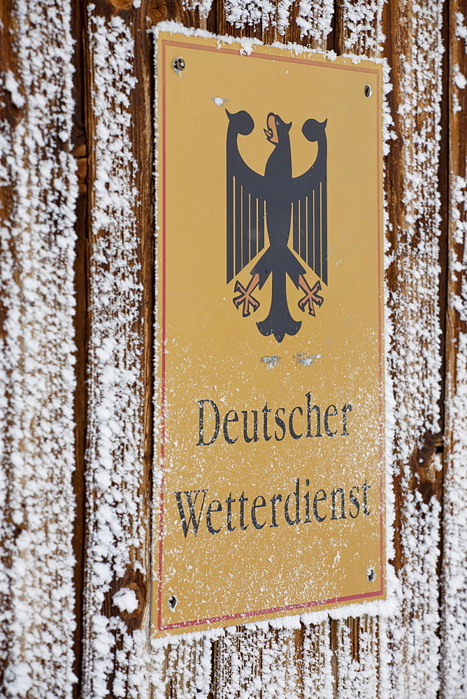 Sign "Deutscher Wetterdienst", "German Weather Service", on Zugspitze mountain, Bavaria, Germany, Europe