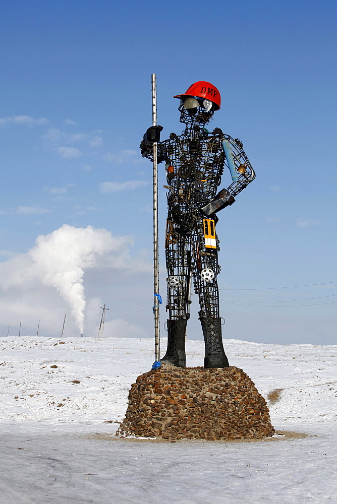 Iron man, sculpture at a mine, Darkhan, Mongolia, Asia