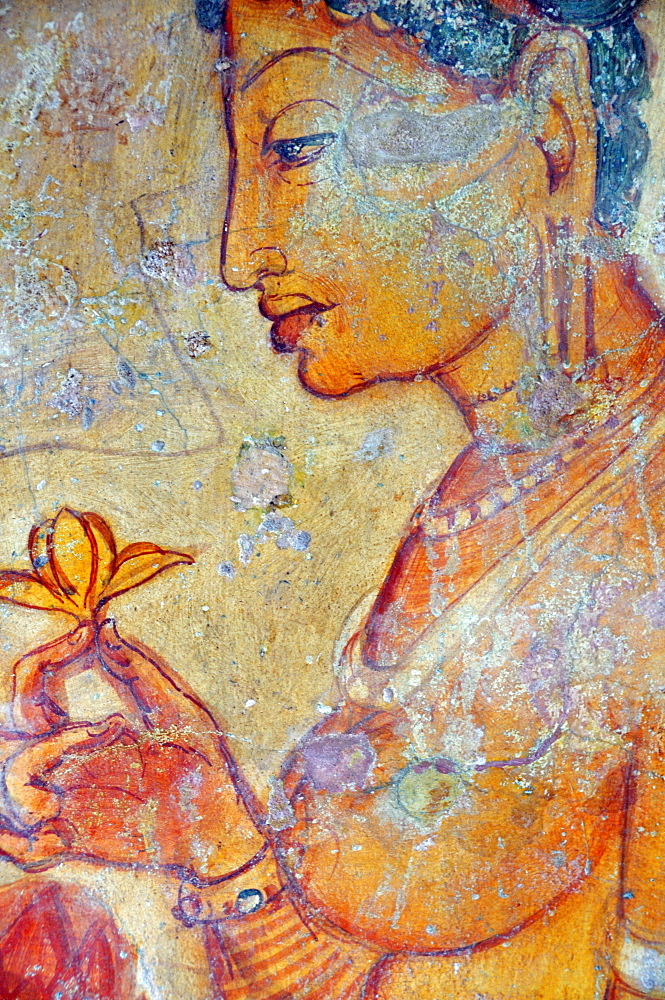 Cloud maiden, fresco on cave wall, 5th Century, Lion Rock, rock fortress, UNESCO World Heritage site, Sigiriya, Sri Lanka, Asia