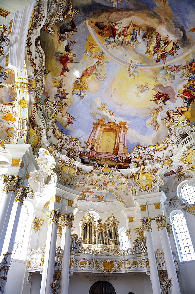 Ceiling fresco and organ, Wieskirche church, Pfaffenwinkel, Bavaria, Germany, Europe