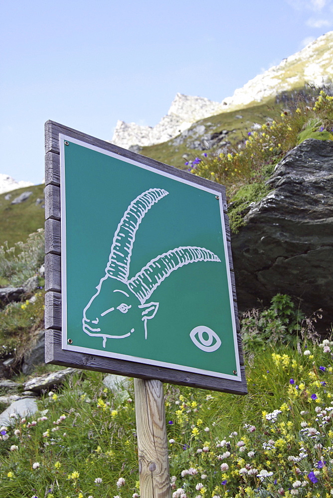 Ibex sign, Grossglockner station, Hohe Tauern National Park, Carinthia, Austria, Europe