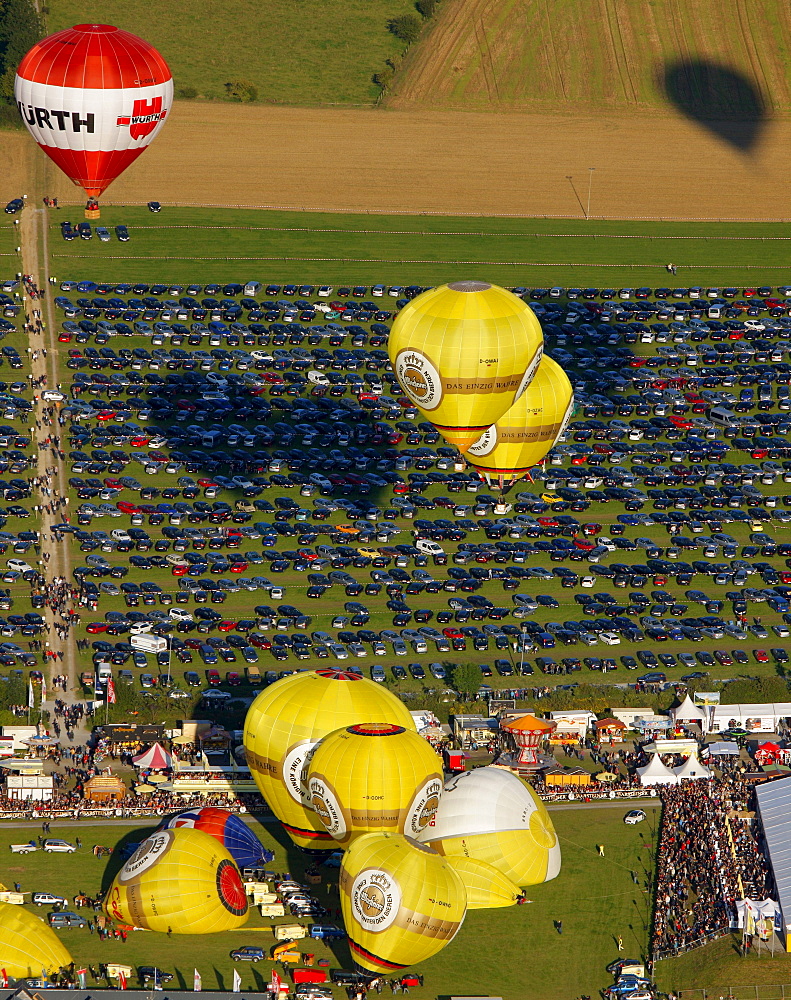 Aerial view, 20th Warsteiner Montgolfiade, hot air balloon festival with nearly 200 hot air balloons ascending into the sky, Warstein, Sauerland, North Rhine-Westphalia, Germany, Europe