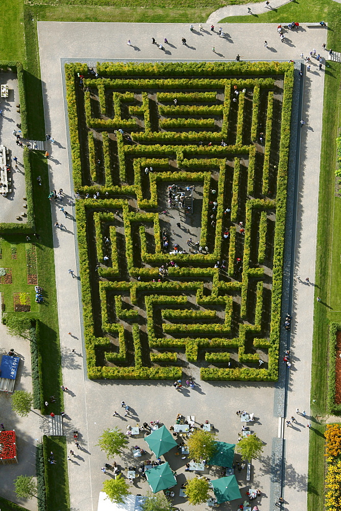 Aerial view, State Garden Show Hemer, on a former military barracks, Maerkischer Kreis district, Sauerland, North Rhine-Westphalia, Germany, Europe