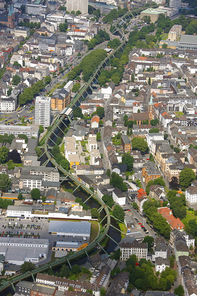 Aerial view, Wuppertal suspension railway, Wupper river, Wuppertal, Ruhr area, North Rhine-Westphalia, Germany, Europe