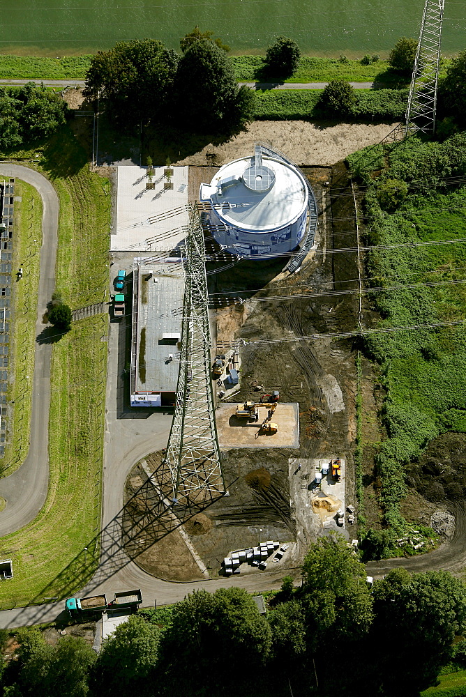 Aerial view, EmscherKunst art project, Silke Wagner, Glueckauf, Bergarbeiterproteste im Ruhrgebiet art project, digestion tank, Emscherkunst.2010 art project, art works on the Emscher river, Recklinghausen, Ruhr area, North Rhine-Westphalia, Germany, Euro