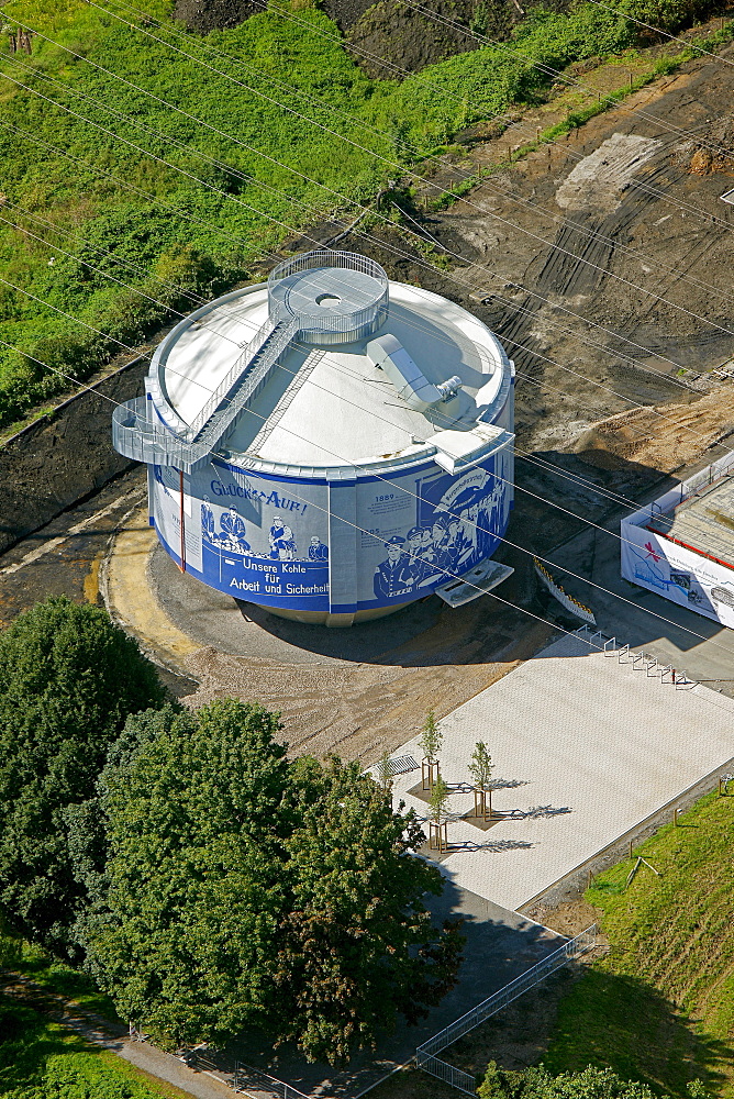 Aerial view, EmscherKunst art project, Silke Wagner, Glueckauf, Bergarbeiterproteste im Ruhrgebiet art project, digestion tank, Emscherkunst.2010 art project, art works on the Emscher river, Recklinghausen, Ruhr area, North Rhine-Westphalia, Germany, Euro