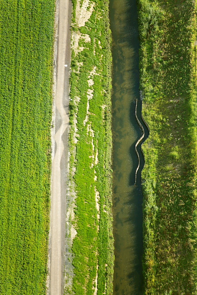 Aerial view, Seseke, tributary of the lip, SesekeKunst, Line of Beauty - the fifth treatment plant, Susanne Lorenz, cycle lane, Klaerwerk 4 four sewage treatment plant Kamen, Luenen, Ruhrgebiet region, North Rhine-Westphalia, Germany, Europe