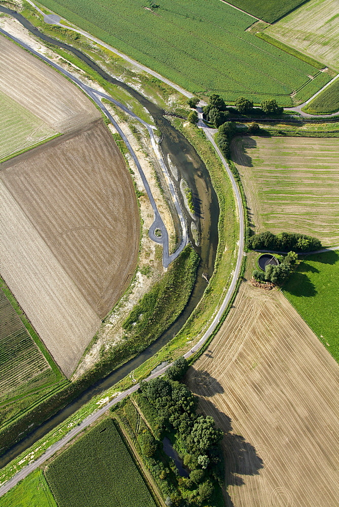 Aerial view, Seseke, tributary of the lip, SesekeKunst, landscape in the river, Thomas Stricker, river bed, artificial island, Luenen, Ruhrgebiet region, North Rhine-Westphalia, Germany, Europe