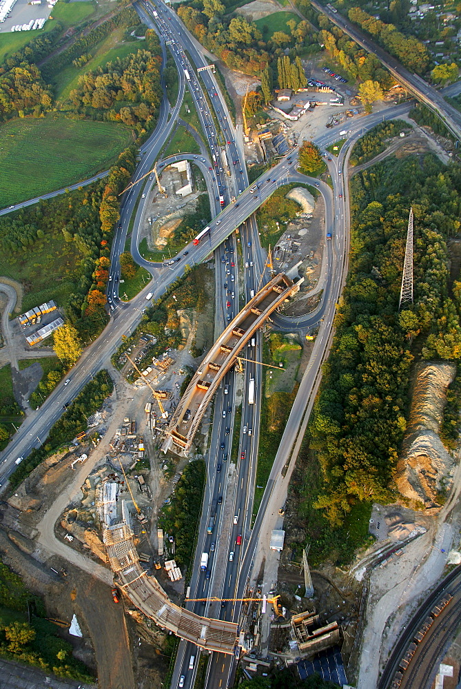 Aerial view, bridge construction of the A40 highway, traffic jams, A40 Donetsk-ring bridge works, Bochum, Ruhr Area, North Rhine-Westphalia, Germany, Europe