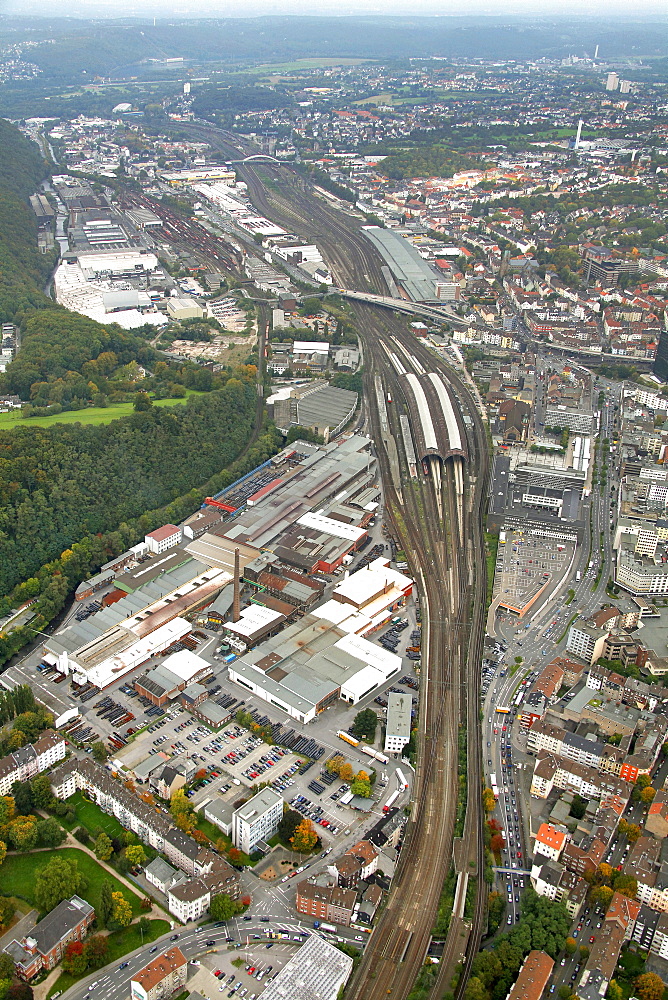 Aerial view, central railway station, Hagen, Ruhrgebiet region, North Rhine-Westphalia, Germany, Europe