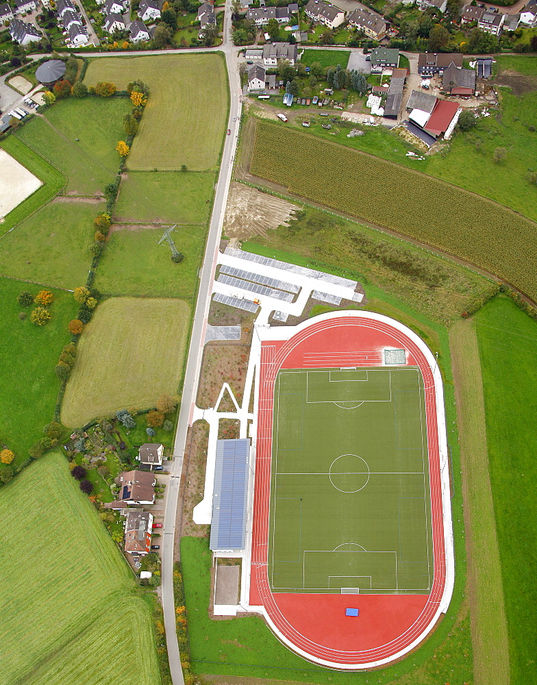 Aerial view, Hasslinghausen, new sports facility, sports field, Sprockhoevel, Ruhrgebiet region, North Rhine-Westphalia, Germany, Europe