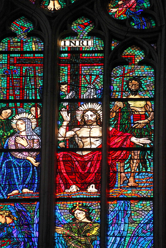 Stained glass windows, St. Vitus Cathedral, Prague Castle, Castle District, Hradschin, Prague, Czech Republic, Europe