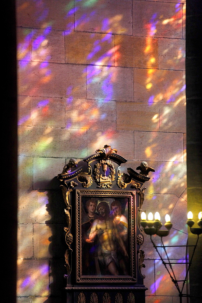 Play of light through stained glass windows, St. Vitus Cathedral, Prague Castle, Castle District, Hradschin, Prague, Czech Republic, Europe