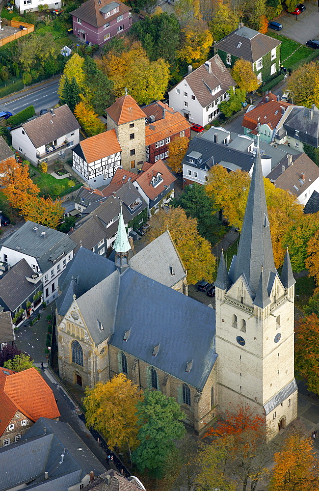 Aerial view, city church of St. Vincent, Menden, Maerkischer Kreis county, North Rhine-Westphalia, Germany, Europe