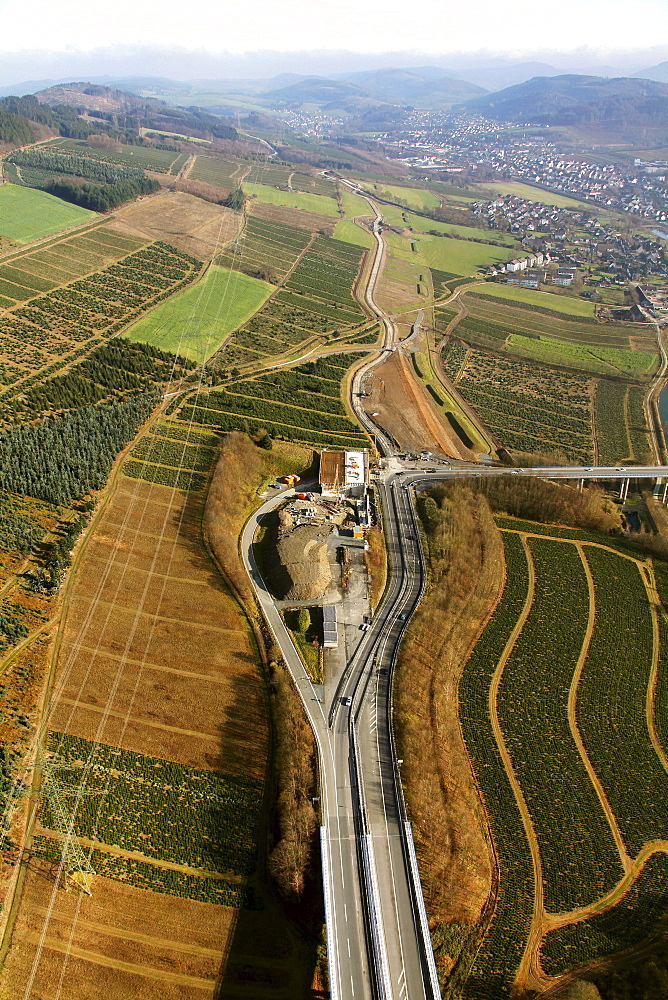 Aerial view, Meschede, Bestwig, Olsberg, extension of the A445 highway, Hochsauerlandkreis district, Sauerland area, North Rhine-Westphalia, Germany, Europe