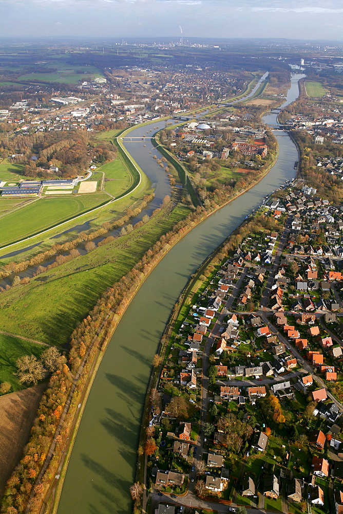 Aerial view, Dorsten, Wesel-Datteln-Kanal cannel, canal bridges, Lippe river, floods, dyke, Ruhrgebiet region, North Rhine-Westphalia, Germany, Europe