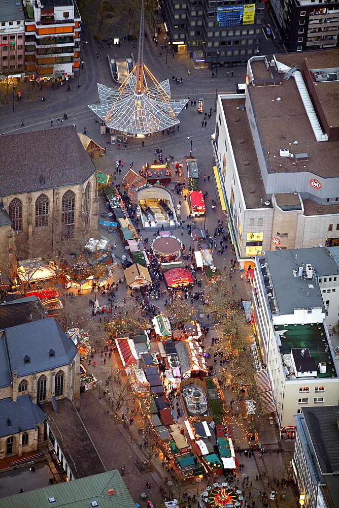 Aerial view, Christmas market, Reinoldikirche church, Hansaplatz, Dortmund, Ruhrgebiet region, North Rhine-Westphalia, Germany, Europe
