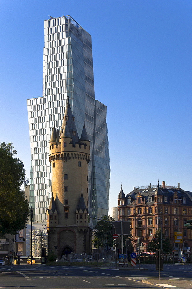 Eschenheimer Turm skyscrape in front of the Palais Quartier at the Thurn and Taxis square in Frankfurt am Main, Frankfurt, Hesse, Germany, Europe