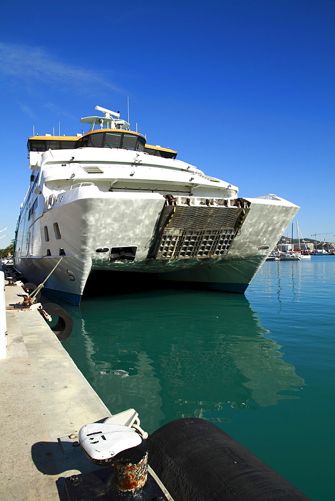 Ferry moored at the Ibiza harbour, Ibiza, Spain, Europe