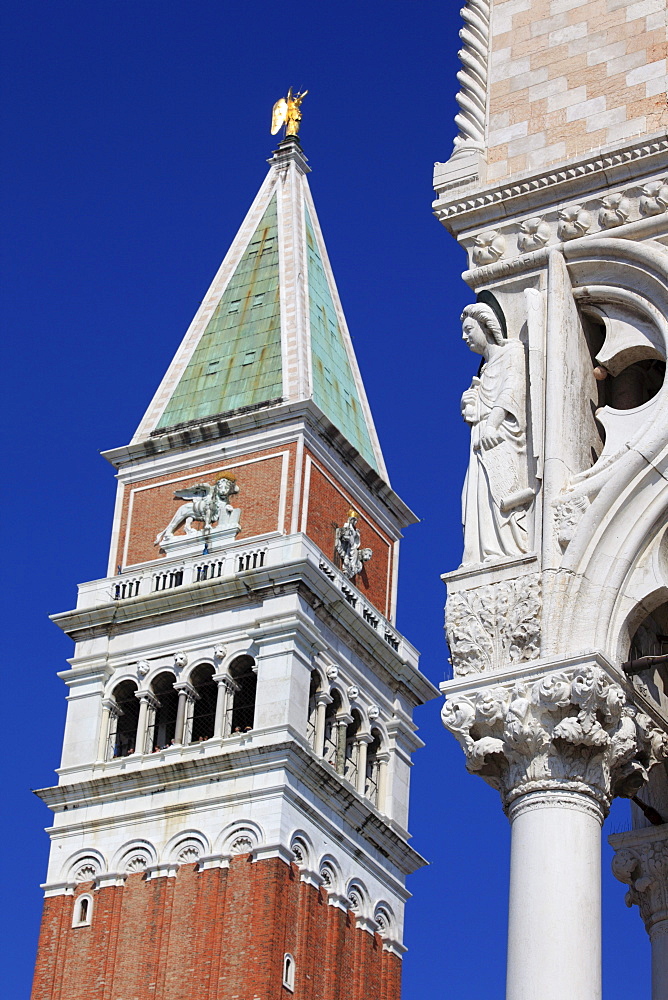 Campanile of the Basilica San Marco and Angel of Freedom at the Doge's Palace, Piazza San Marco or St. Mark's Square, Venice, Veneto, Italy, Europe