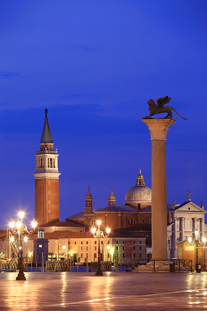 Church of San Giorgio Maggiore and lion of Saint Mark, Piazza San Marco or St. Mark's Square, Venice, Veneto, Italy, Europe