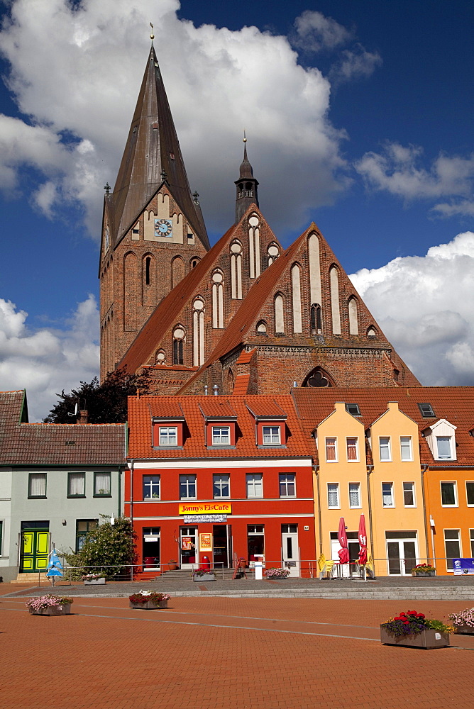 Market place with St. Marien brick church, Barth, Mecklenburg-Western Pomerania, Germany, Europe