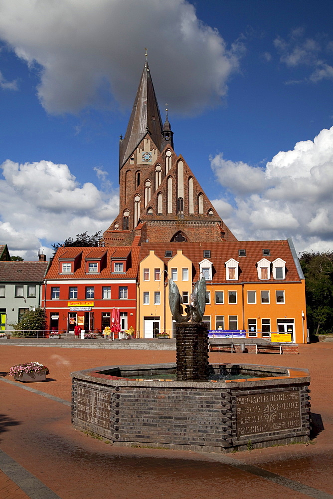 Market place with St. Marien brick church, Barth, Mecklenburg-Western Pomerania, Germany, Europe