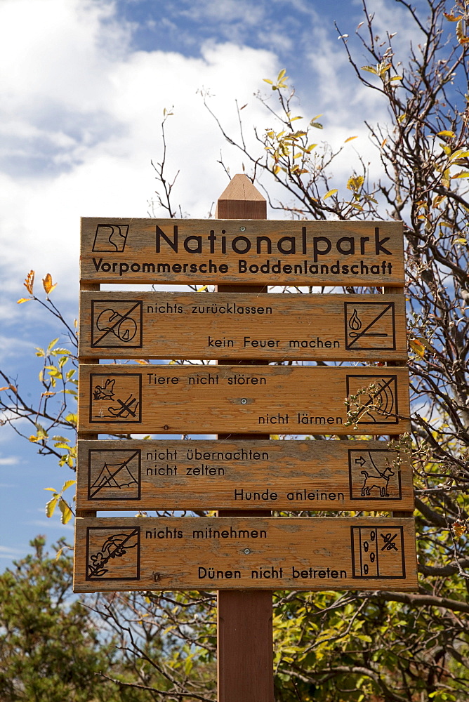 Information sign, Darss, Nationalpark Vorpommersche Boddenlandschaft national park, Fischland-Darss-Zingst peninsula, Mecklenburg-Western Pomerania, Germany, Europe