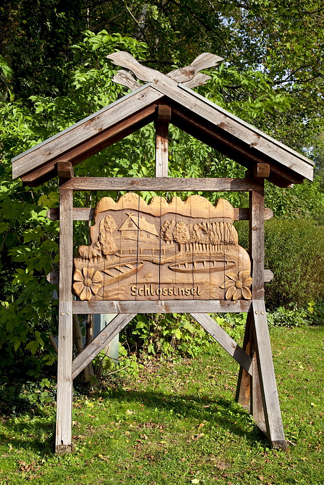 Sign, Schlossinsel, castle inland, Luebben, Spreewald, Brandenburg, Germany, Europe