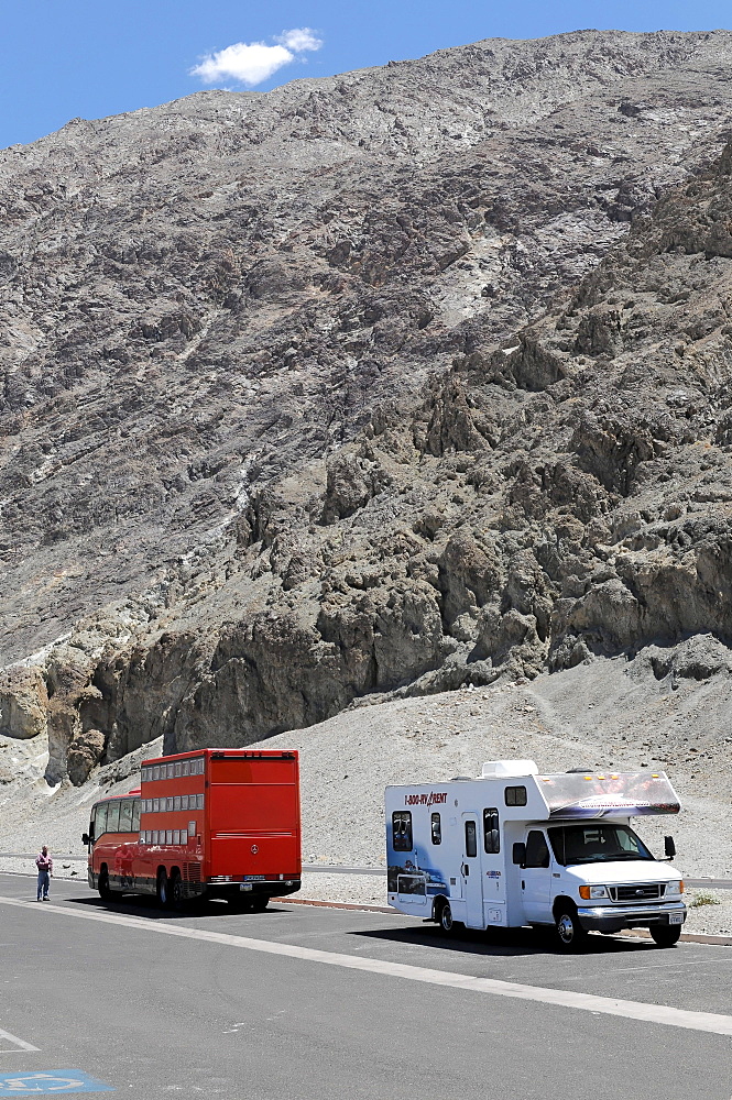 Rotel coach, a bus incorporating a mobile hotel, travelling on Route 178 in Death Valley, Death Valley National Park, California, USA, North America