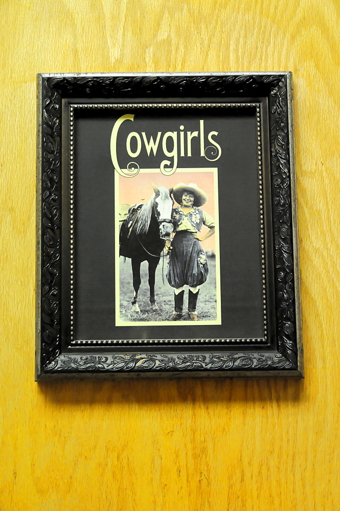 Sign on a toilet door, lettering "Cowgirls", Visitor Center, Grand Canyon, Arizona, USA, North America