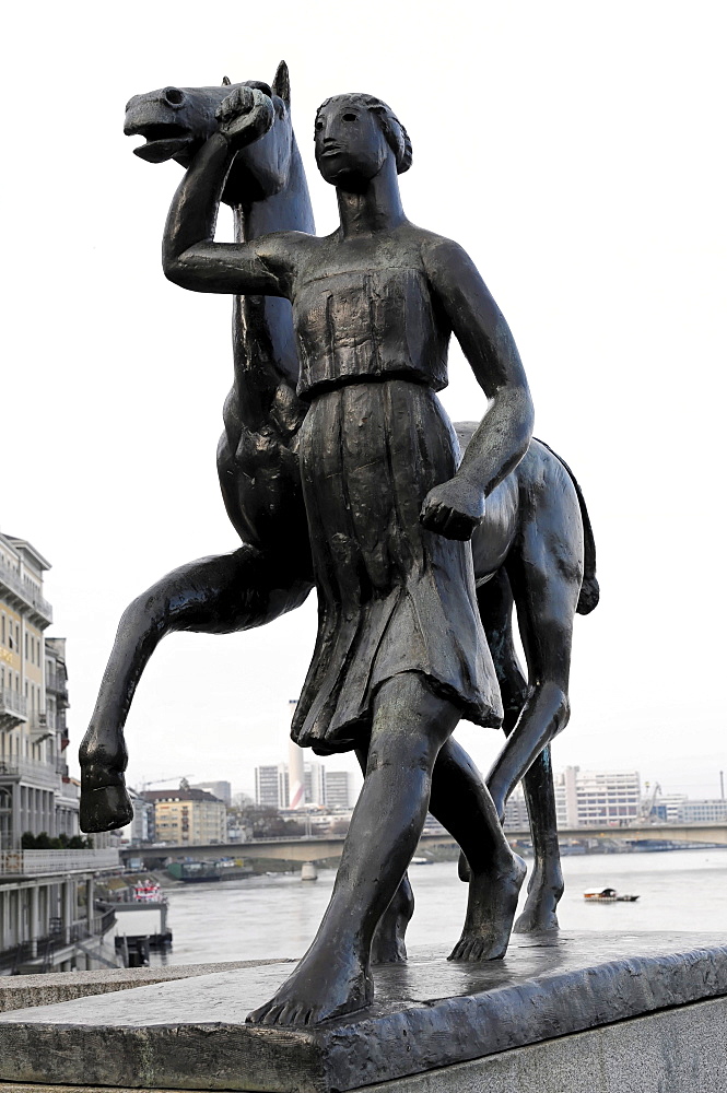 Bronze sculpture, horse being led, Basel, Switzerland, Europe
