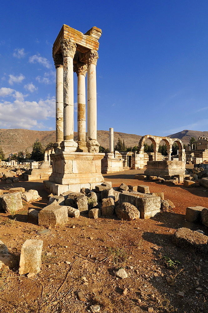 Antique Umayyad ruins, Tetrapylon, at the archeological site of Anjar, Aanjar, Unesco World Heritage Site, Bekaa Valley, Lebanon, Middle East, West Asia