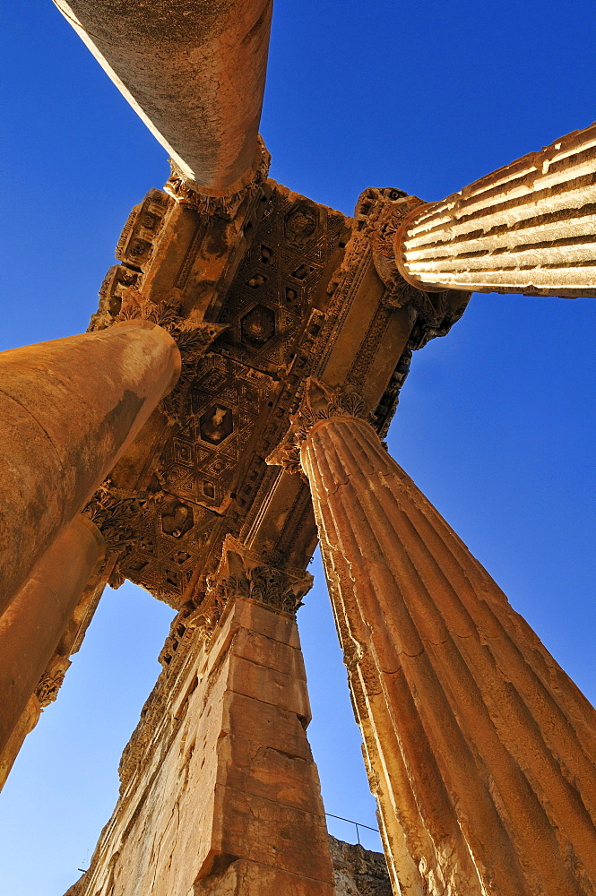 Antique Bacchus temple ruins at the archeological site of Baalbek, Unesco World Heritage Site, Bekaa Valley, Lebanon, Middle East, West Asia