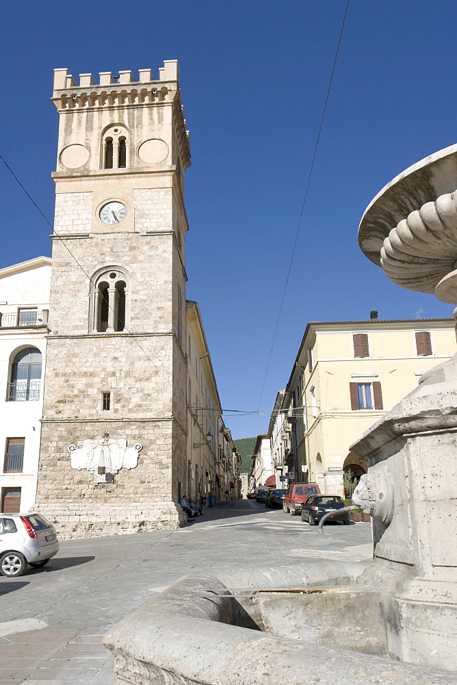 Perspective view, from Piazza del Popolo, of the Torre Municipale, Civic Tower, year 1580, "Fontana Pubblica", public fountain, 16th century, and corso Mazzini, Cittaducale, province of Rieti, Latium, Italy, Europe