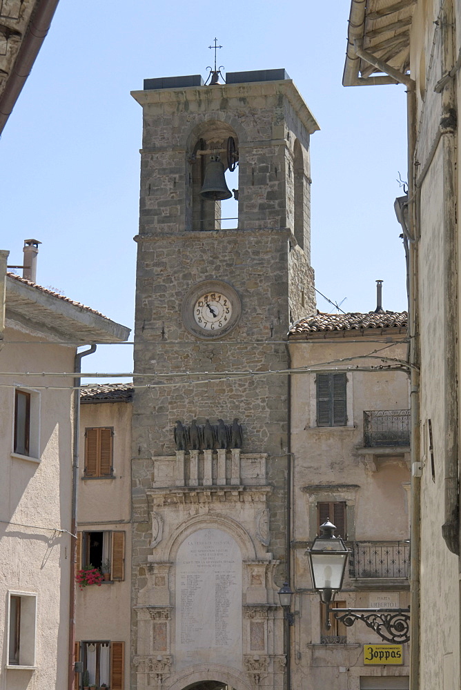 Torre della Campana e dell'Orologio, bell and clock tower, Piazza Umberto I, Arquata del Tronto, province of Ascoli Piceno, Marches, Italy, Europe