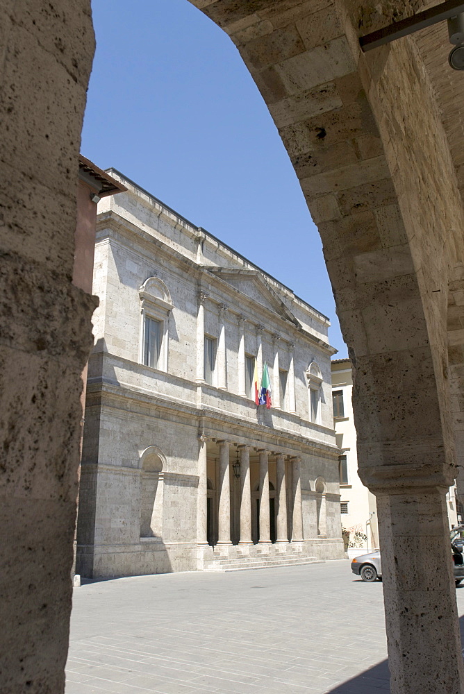 Neoclassic facade of the Teatro Ventidio Basso seen through the cloister Chiostro Maggiore di San Francesco, Ascoli Piceno, Marches, Italy, Europe