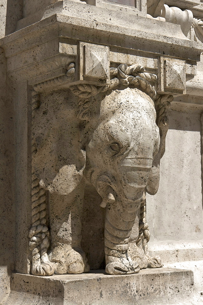 Detail with elephant as telamon on the portal of the Palazzo della Cassa di Risparmio, neo-renaissance, eclectic work of architecture by Cesare Bazzani, 1912, Corso Giuseppe Mazzini, Ascoli Piceno, Marches, Italy, Europe