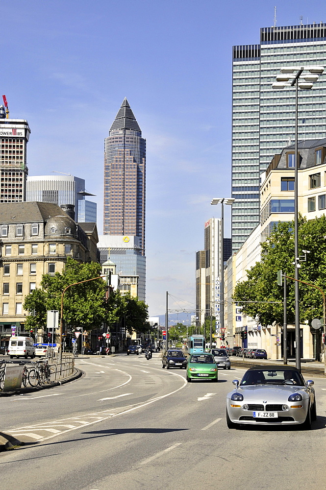 Street scene on the Duesseldorfer Strasse at the main station, behind the Messeturm exhibition tower, Frankfurt, Hesse, Germany, Europe