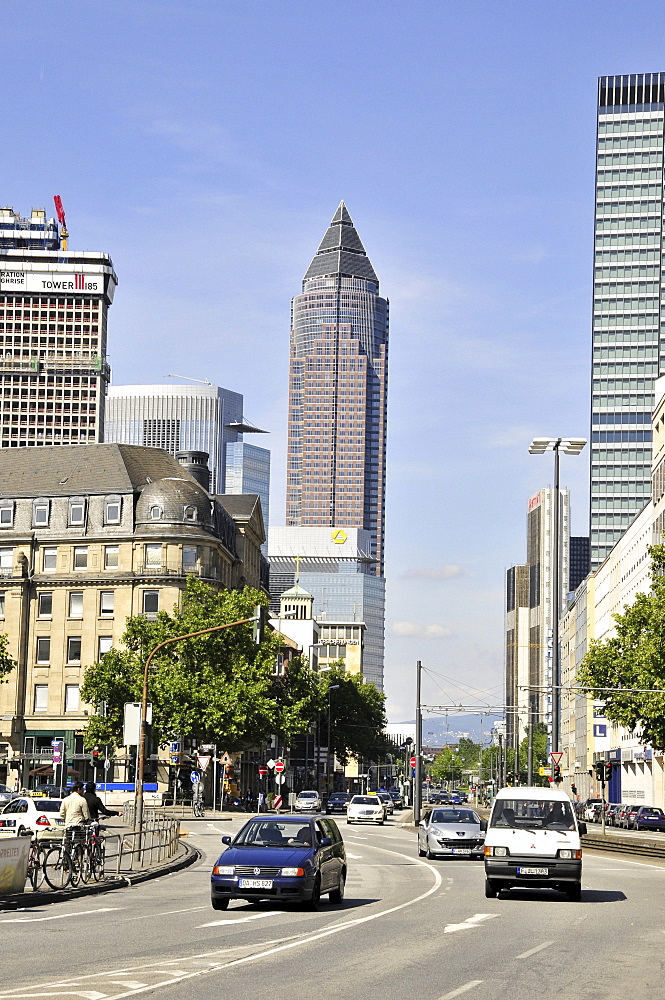 Street scene on the Duesseldorfer Strasse at the main station, behind the Messeturm exhibition tower, Frankfurt, Hesse, Germany, Europe