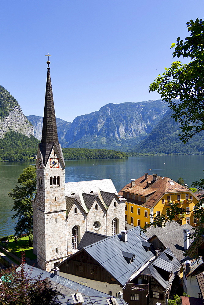 Hallstatt, evangelical church, Lake Hallstatt, Upper Austria, Austria, Europe