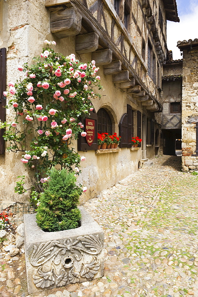 Cobblestone street, medieval walled town of Perouges, France, Europe