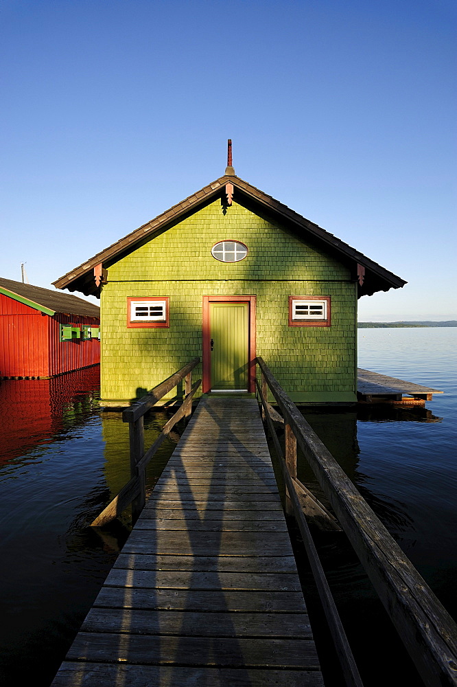 Boat sheds near Schondorf, Ammersee lake, Fuenf-Seen-Land region, Upper Bavaria, Bavaria, Germany, Europe