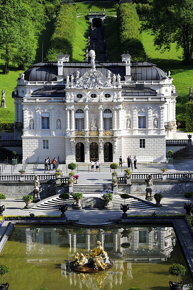 Schloss Linderhof, castle of King Ludwig II, Graswangtal, Ammergau Alps, Oberammergau, Upper Bavaria, Bavaria, Germany, Europe