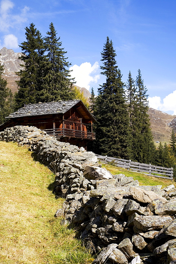 Old wooden hut with a stone wall, autumn trees in the Gsies valley, St. Magdalena, Province of Bolzano-Bozen, Italy, Europe