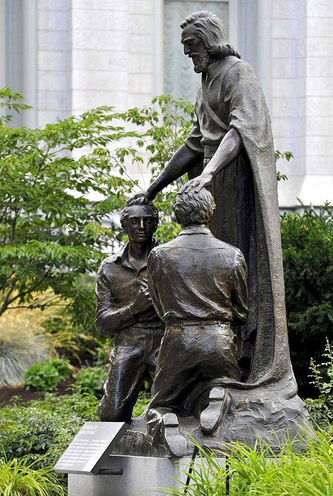 Monument for the restoration and reinstatement of the Melchizedek priesthood, Temple of The Church of Jesus Christ of Latter-day Saints, Mormon Church, Temple Square, Salt Lake City, Utah, Southwest, USA, North America