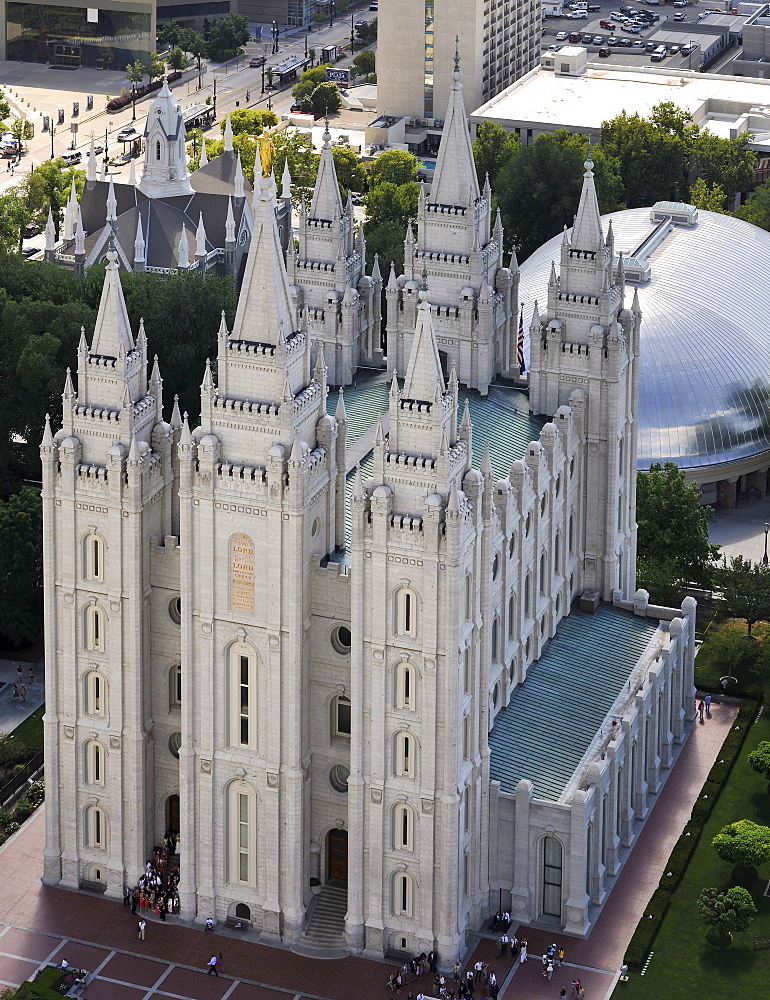 Aerial view of the Temple of The Church of Jesus Christ of Latter-day Saints, Mormon Church, Temple Square, Salt Lake City, Utah, Southwest, USA, North America