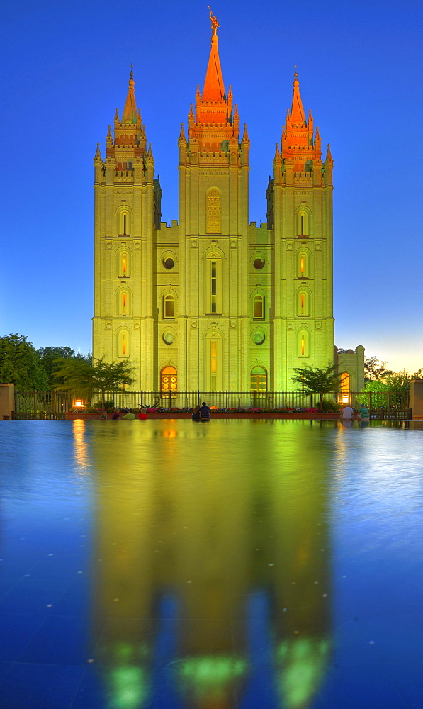 Last glow of sunset on the church towers of the Temple of The Church of Jesus Christ of Latter-day Saints, Mormon Church, Temple Square, Salt Lake City, Utah, Southwest, USA, North America